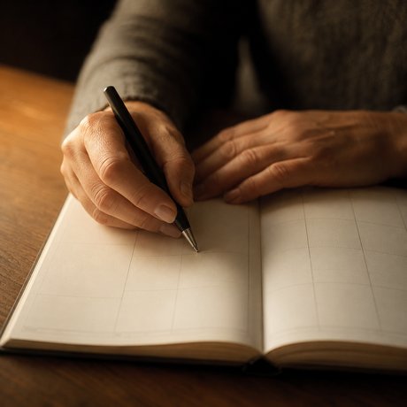 Close de mão sobre caderno de planejamento