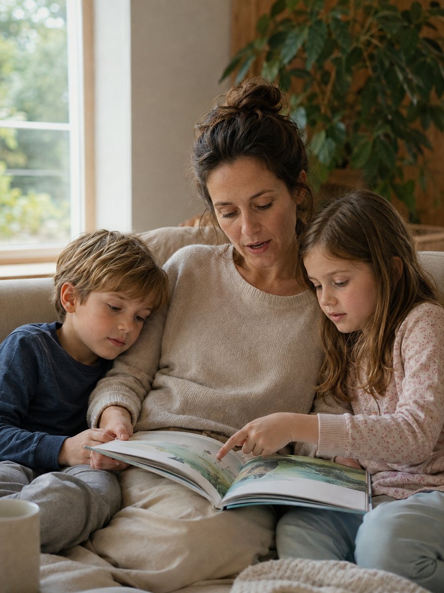Família em leitura compartilhada, atmosfera serena, luz natural
